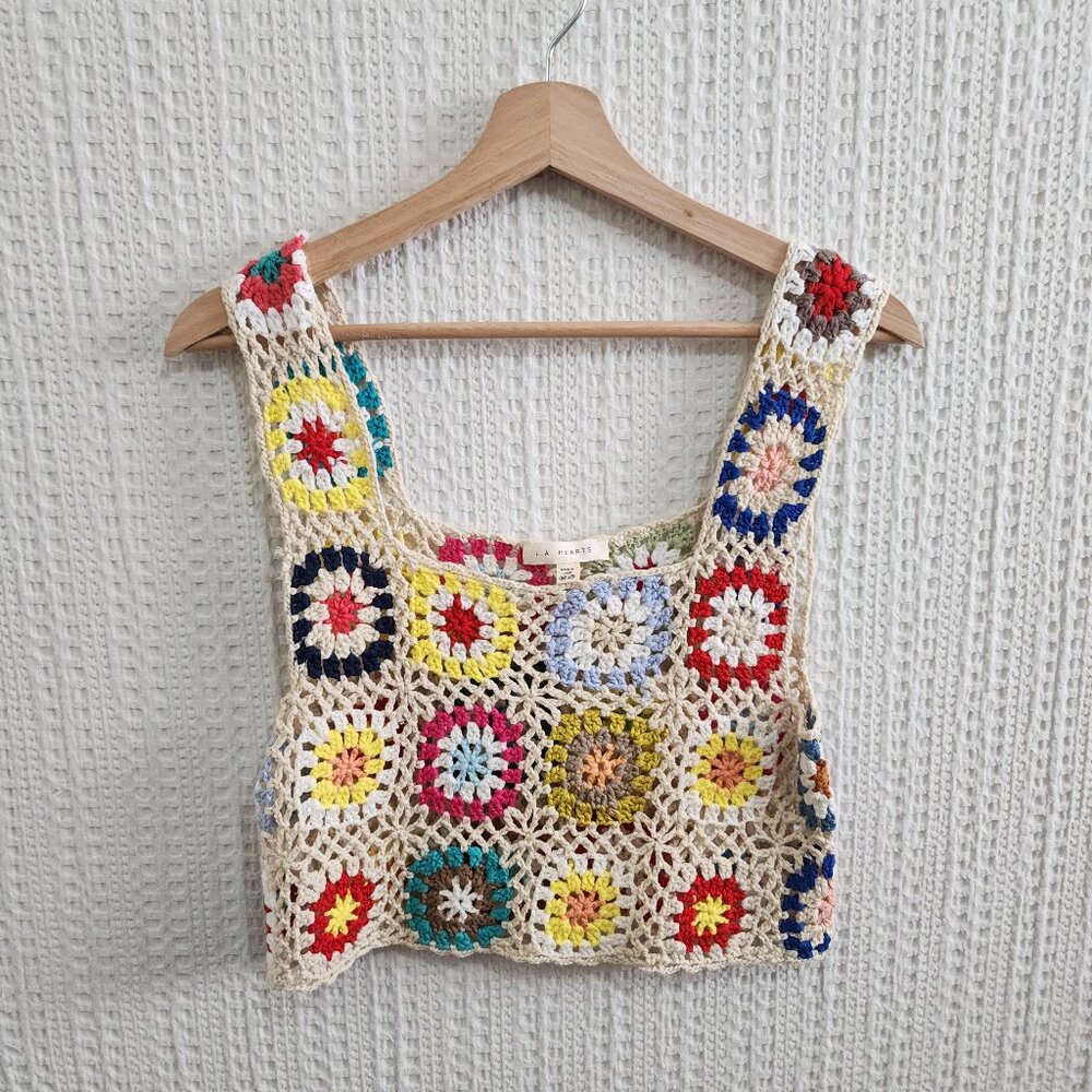 PacSun LA Hearts Crochet Granny Square Crop Tank Top Boho Festival One Size - Picture 2 of 12